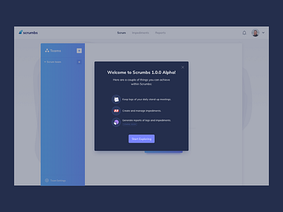 Scrumbs Welcome Pop Up UI Design daily ui dailyui ildiesign management modal modal design modal ui onboarding onboarding experience pop up pop up design ui ui design ui pattern ui practice ux ux design