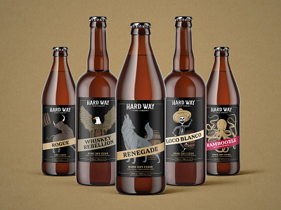 Hard Way Cider Packaging barrel aged brand design branding cider hand drawn hard cider illustration label design labels packaging packaging design rum tequila whiskey wood cut