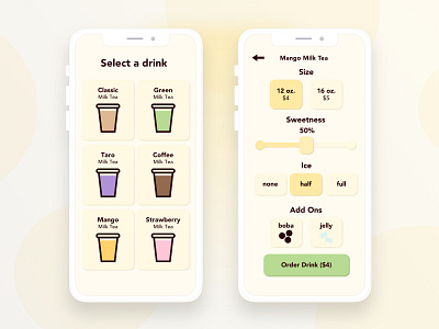 Boba Ordering App - Daily UI 007 app boba daily 100 challenge daily ui daily ui 007 dailyui dailyui007 design drink mockup ordering rainbow settings settings page settings ui ui yellow