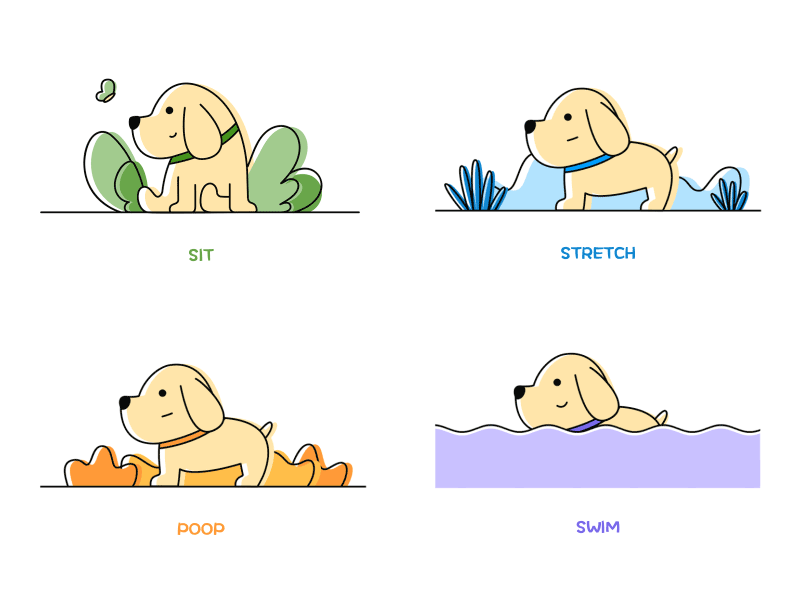 A collection of MyDog animated gif animation animation 2d cute animal cute animals cute art cute fun funny design dog illustration labrador labrador retriever line lineart linework poop sitting stretch swim ui