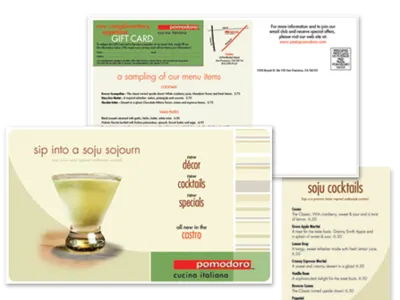 Pomodoro - Promotional and cocktail menu brand direct mail menu postcard design