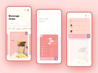 Beverage Order adobexd app dailyui dailyui027 dailyuichallenge design drink dropdown dropdown menu interface ios milktea order pink ui ux