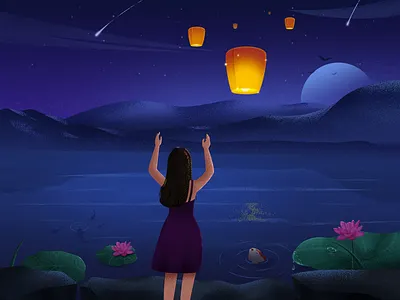 Night design fish kongming lantern lake lotus moon mountain ps shooting star stone ui women