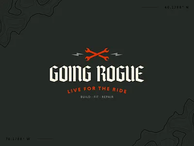 Going Rogue bicycle shop black letter branding branding inspiration cyclery identity design illustration lightning bolts logo logo design logo inspiration mark topographic map type treatment vector wrench