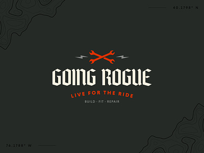 Going Rogue bicycle shop black letter branding branding inspiration cyclery identity design illustration lightning bolts logo logo design logo inspiration mark topographic map type treatment vector wrench