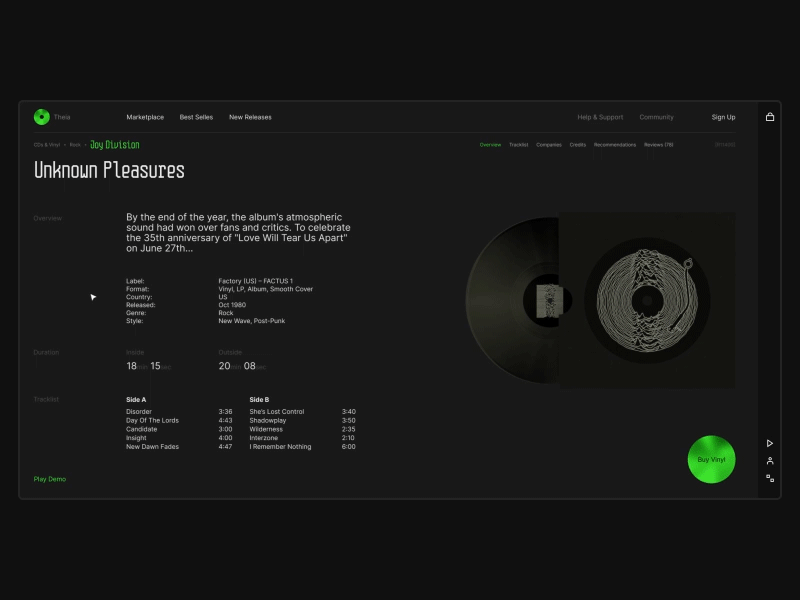 Theia. Play Demo 3d animation cinema 4d clear dark demo experimental music player typography ui vinyl web