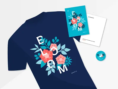 Bloom BeeHack Branding adobe illustrator beehack beekeeper bloom blue branding colorful design event flower fun greeting card hackaton illustration leaves sticker t shirt type typography vector