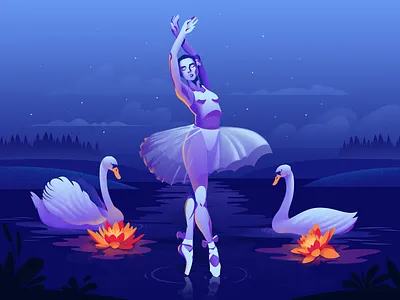 Swan Lake adobe illustrator art ballerina ballet ballet dancer blue dance design art girl illustration lake landscape landscape illustration magic nature night postcard swan swan lake vector