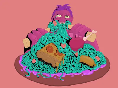 True Munchy 2d chicken flat food grave greed illustraion noodles pizza procreate slimey