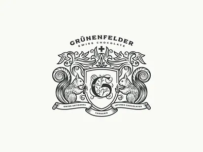 Grünenfelder Chocolate badge branding engraving etching graphic design icon illustration illustrator line art logo peter voth design seal squirrel vector vintage