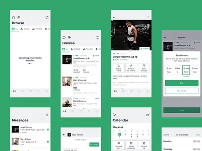 Workout app application availability browse brutalist buddy buy calendar chat coins interface loading messages payment popup profile search social training workout