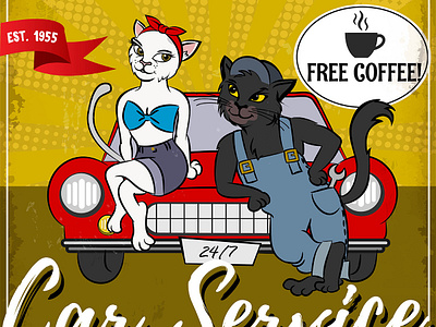 Car Mechanic Retro Poster for Eight3Five animal car cartoon cartoons cat cats comic design graphic illustration illustration art illustrator love mechanic pin up pinup pinup girl retro vector vintage