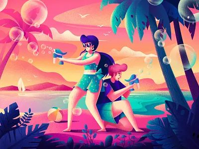 Holiday ball beach bubbles coconut tree design gun holiday illustration people plant sea seaside summer vacation vector