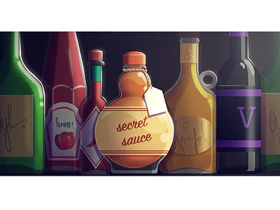 The Secret Sauce blog cover bottles creative digital art freshdesk glass graphic design illustration ingredient kitchen mystery photoshop sauce secret visualisation
