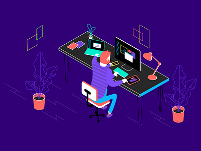 Multi-Channel Marketing character design desk illustration laptop man marketing mobile multi channel marketing multitask uiux vector