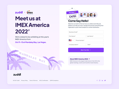 Zuddl at IMEX America, Mandalay Bay, Las Vegas b2b saas branding casino conference event form illustration landing page las vegas palm palm trees purple resort saas sign up trade show ui vegas