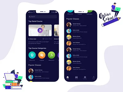 Home - Online Course App android app course app home screen illustration ios learning app main course app online course teacher list vector
