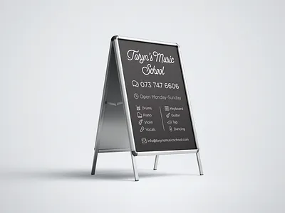 Taryn's Music School Sign a frame advertising black black and white blackandwhite clock dancing drum email guitar keyboard microphone music piano sign signage speechbubble tap violin white