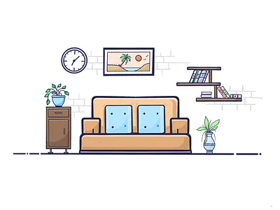 Living room..!! books chair design flat illustration line line art living room outline sofa vector watch