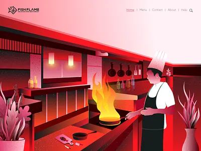 Restaurant Illustration branding chef color illustration cook design fire fish gradient hero image illustration kitchen landing page illustration leaf logo pan red restaurant safe vector wallpaper