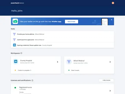 Evercheck Wallet dashboard app button card clean dashboard desktop evercheck healthcare healthcare app license medical app overview product status tasks ui ux wallet wallet app workplace