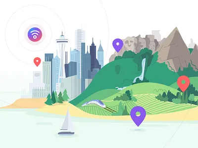 Coverage Landscape building connectivity design flat green illustration illustrator landscape light mobile mountain new york sea seattle sketchapp skyscraper space telecom vector water