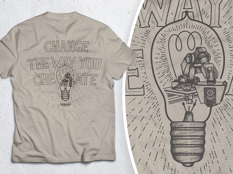 Change the Way You Create - Shirt Illustration 3d printing edison fiber future of manufacturing illustration illustrations industrial revolution light light bult mockup print rail robot shirt t shirt tshirt
