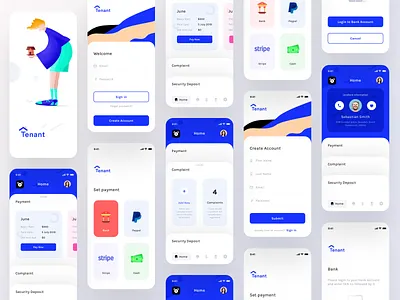 Tenant app screens (Wireframes + Screens Flow) app design application application ui bank corporate createaccount finance mobile neel payment paypalstripecash prakhar reminder rent settings sharma signin signup tenant userprofile