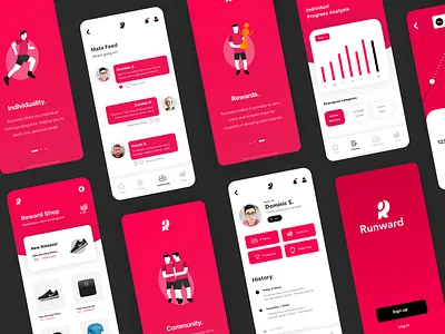 🏃🏻‍♂️ App Design | Runward active app branding colorful design icon illustration logo madewithxd minimalistic mobile red running app runward sport typography ui ui design ux ux design