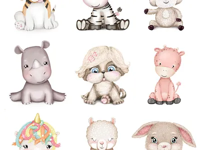 Cute baby animals a rhinoceros animal animals bird bunny character cute dog giraffe illustration kids llama penguin reindeer rhino unicorn zebra