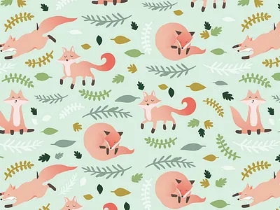 Autumn Fox Surface Pattern animals autumn autumn leaves cute fox foxes pattern pattern design patterns print design surface pattern surface pattern designer textile art textile pattern vector