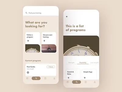 Training App Concept app card clean design detail flat minimal mobile pastel search slider tabbar training ui ui design workout