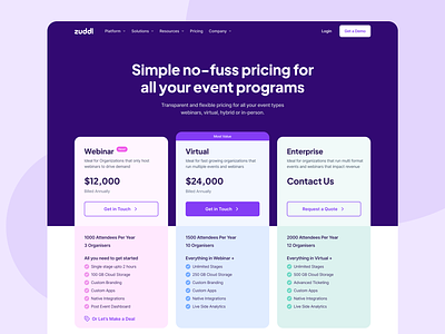 Zuddl - Plan and Pricing | Landing Page b2b billing compare comparison features landing page pastel pkans pricing pricing cards pricing table saas table tabs ui ux ux design web pricing