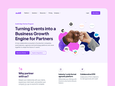 Zuddl - Partners | Landing Page affliate b2b business collab collaboration fist bump graphic design hands high five integrations landing page marketing partner partnership saas sales team ui