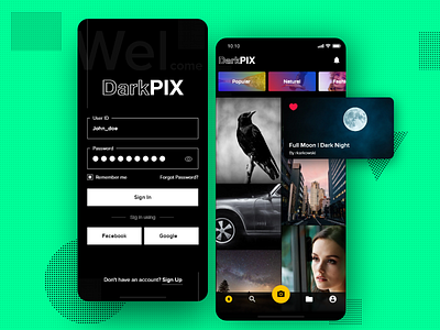 DarkPIX | Free Stock Application creative dark dark mode dark ui dashboad dashboard ui login page login screen photo photography popular trend ui ui design wallpaper
