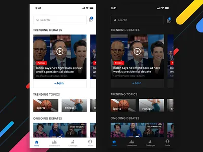 Online Debate black app black theme creative ui debate news app news feed newsfeed online debate sketch sketch app sketchapp social app trend 2019 trending design trending ui white app white theme