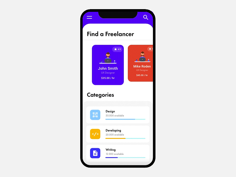 Freelancer App - unDraw Adobe XD Playoff adobexd animation app clean design flat freelancer gif icon illustration interface ios iphone minimal mobile simple ui undraw ux vector