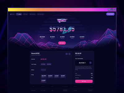 Metavegas - Online Crypto Lottery 2d blockchain casino countdown crypto cyber dark ui dashboard gambling game gaming home page lottery neon retro tickets web design