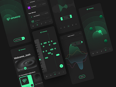 Virtuozzy - mobile composer app application applying filters chords composer design editing graphic design graphic equalizer harmonies interface mobile mobile app mobile dashboard mobile ui music intefrace music library notes sound tracks typography