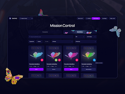 Battle Fly - Web3 Gaming Dashboard 2d 3d blockchain butterfly card ui crypto dashboard design gambling game gaming graphic design illustration p2e play2earn results search statistics ui web3