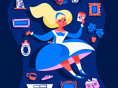 Down the Rabbit Hole alice in wonderland blue character childrens book illustration pink yellow