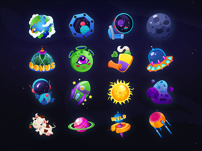 Gaming Icon Set - Extended Version 2d 3d casino cow design gambling game gaming graphic design icon set illustration moon slots space spaceship sun telescope tube ufo vector