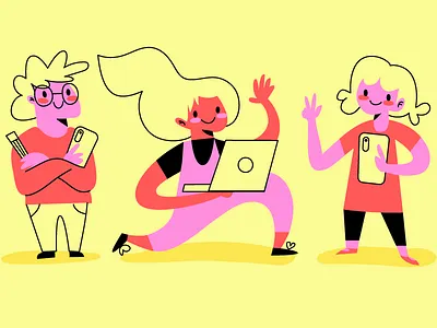 Tech Folks cell phone characters hello illustration laptop tech waving yellow