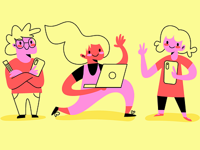 Tech Folks cell phone characters hello illustration laptop tech waving yellow