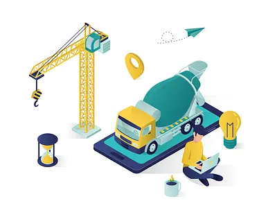online service construction isometric vector illustration 3d advice amazing builder business cement concept construction crane design estate graphic illustration isometric landing page laptop online service truck website