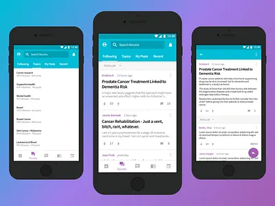 Forum app blue category design forum minimal mobile page post product software topic ui ux