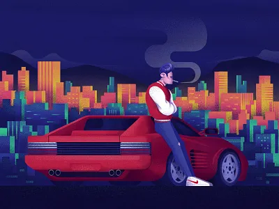 Night 80s 90s car charachter city citylight cityscape ferrari high illustration landscape vintage