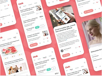 Chili Labs App app article branding cards clean design flat ios minimal mobile news cards news portal pink polls red social survey tabbar ui ux