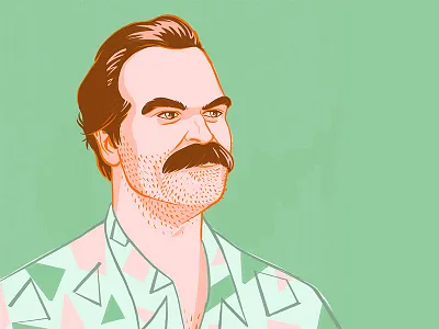 Jim Hopper, "the American" 80s 80s style character david harbour fan art fanart hopper illustration jim moustache pop pop culture portrait procreate retro shirt stranger things strangerthings