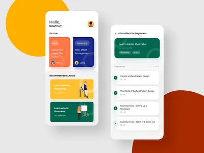 Quick Learning App app classes colors courses design grid illustrations interface ios live minimal mobile screens student ui ux webinar